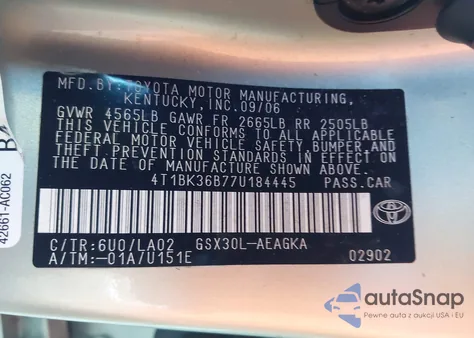 2007 Toyota Avalon Xls from USA, damaged, VIN 4T1BK36B77U184445